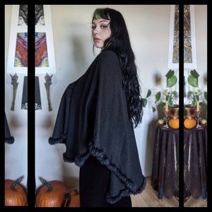 Witchy Black Coat with Real Rabbit Fur Trim